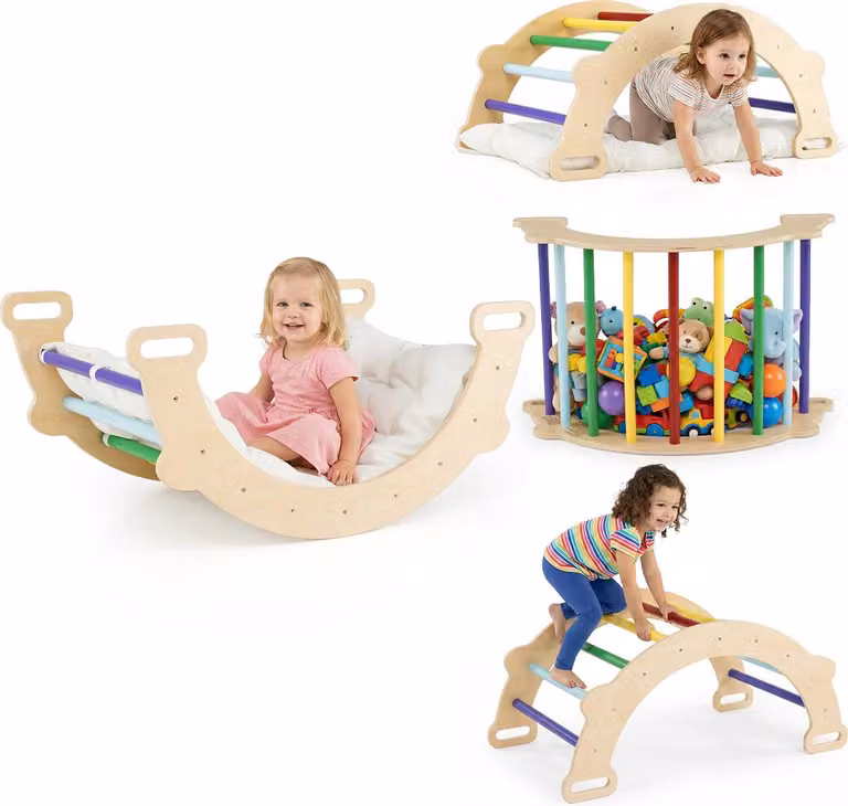 COSTWAY Arco di arrampicata Montessori 3 in 1 con cuscino, triangolo di arrampicata per dondolare e arrampicarsi, scala di arrampicata in legno, struttura di arrampicata, per bambini 3+
