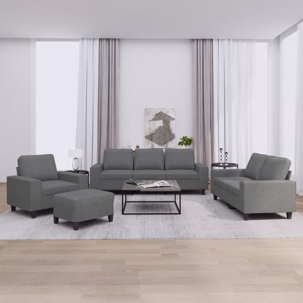 Set di Divani 4 Pezzi vidaXL in Tessuto Grigio con Pouf e Cuscini per Soggiorno Moderno – 1