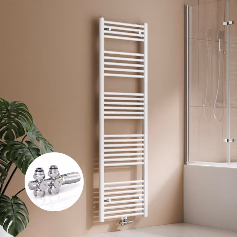 Radiatore da bagno 160 x 50 cm, 654 W, bianco, con kit valvola per collegamento centrale, design lineare, radiatore asciuga-asciugamani – S'AFIELINA