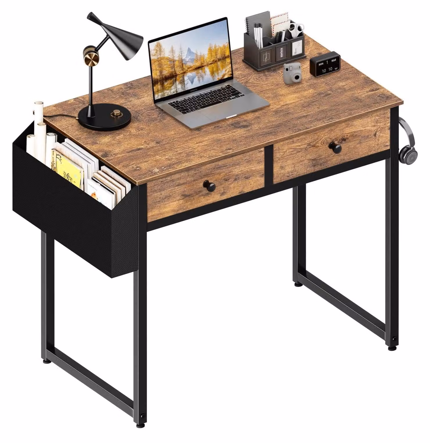 Scrivania compatta con cassetti, ideale per la camera da letto - 100 cm. Scrivania per computer con 3 cassetti e borsa portaoggetti, scrivania da studio, stile vintage, colore marrone