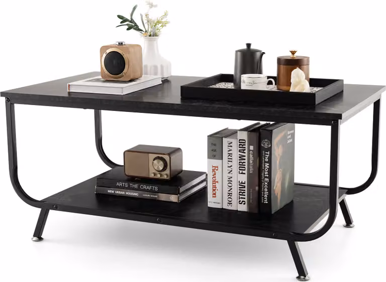Tavolino da caffè COSTWAY effetto marmo, tavolo da soggiorno rettangolare con ripiano inferiore, tavolo da divano con struttura in metallo, tavolino 105 x 55 x 46,5 cm per soggiorno, ufficio (nero)