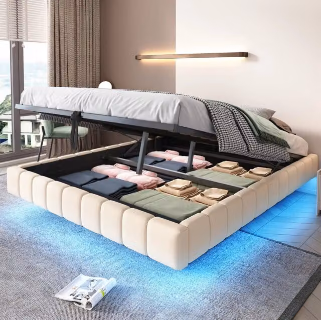 Letto imbottito 160x200 cm; sollevabile con LED; senza testiera; lino beige