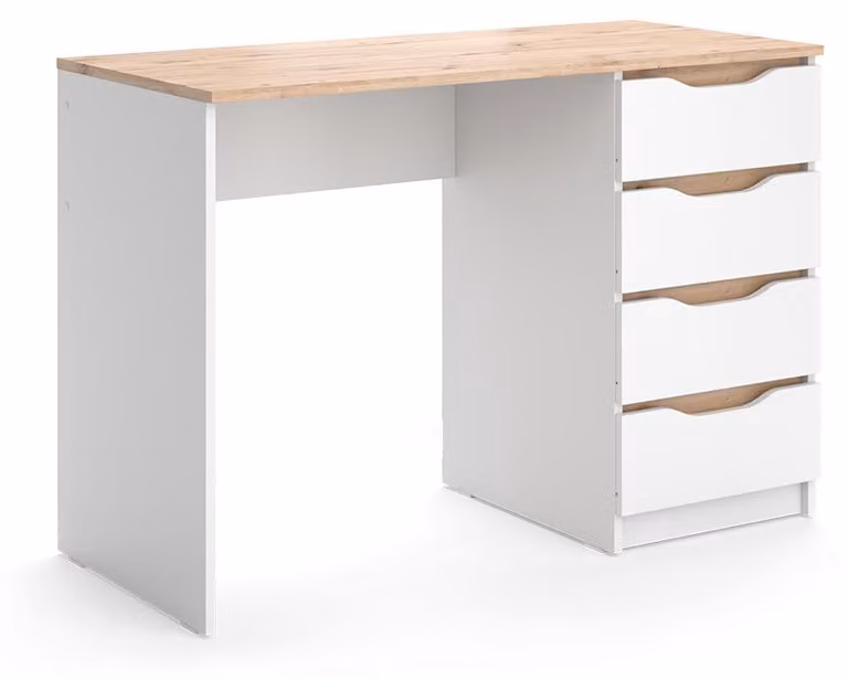 Scrivania Vicco Ruben Bianco/Rovere artigianale 110 x 50 cm con 4 cassetti, Model 62898
