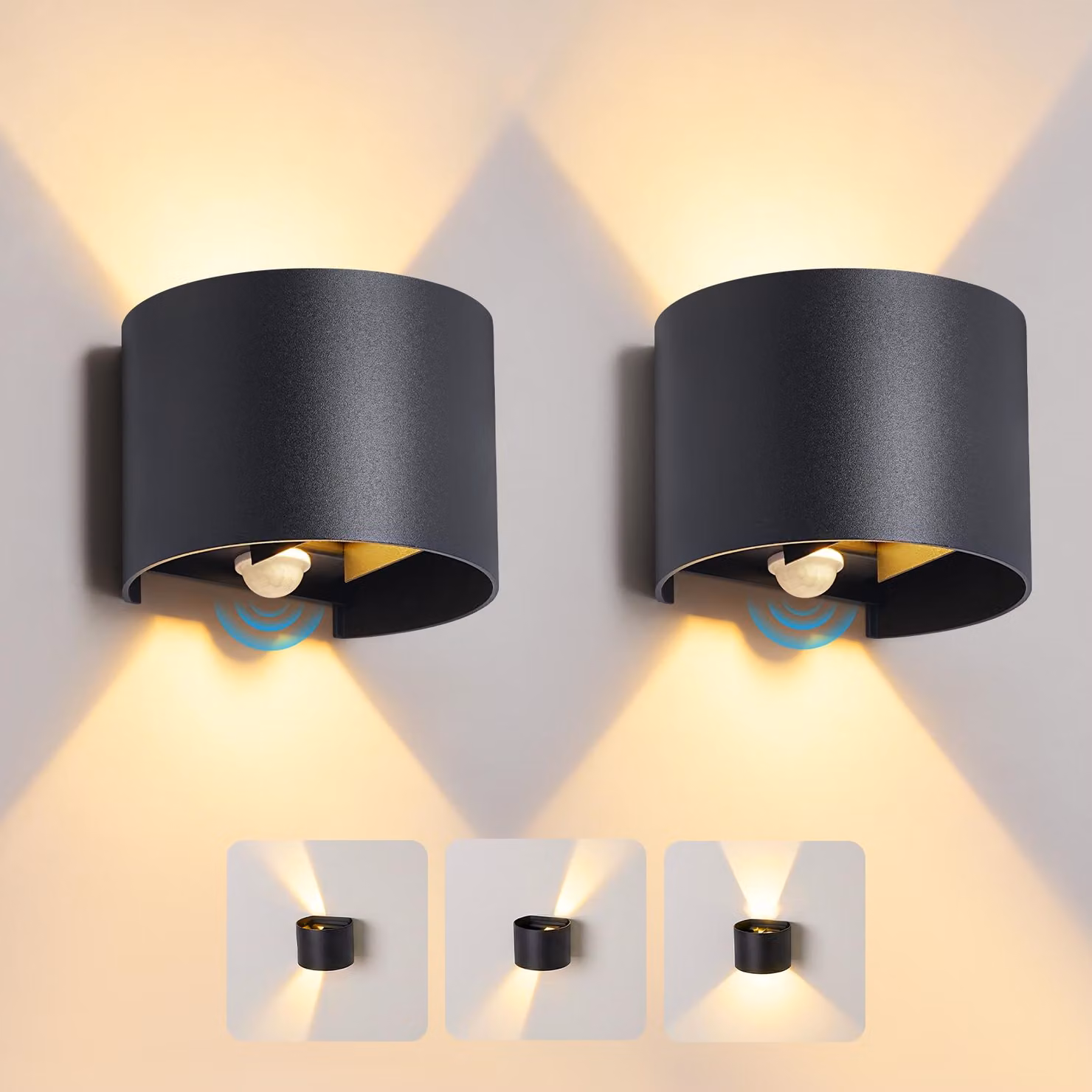 ZMH Lampada da parete LED per esterni, set di 2, IP54, rotonda, con sensore di movimento, 6W, 3000K, angolo di illuminazione regolabile, lampada da parete per esterni, ideale per ingresso, corridoio, balcone
