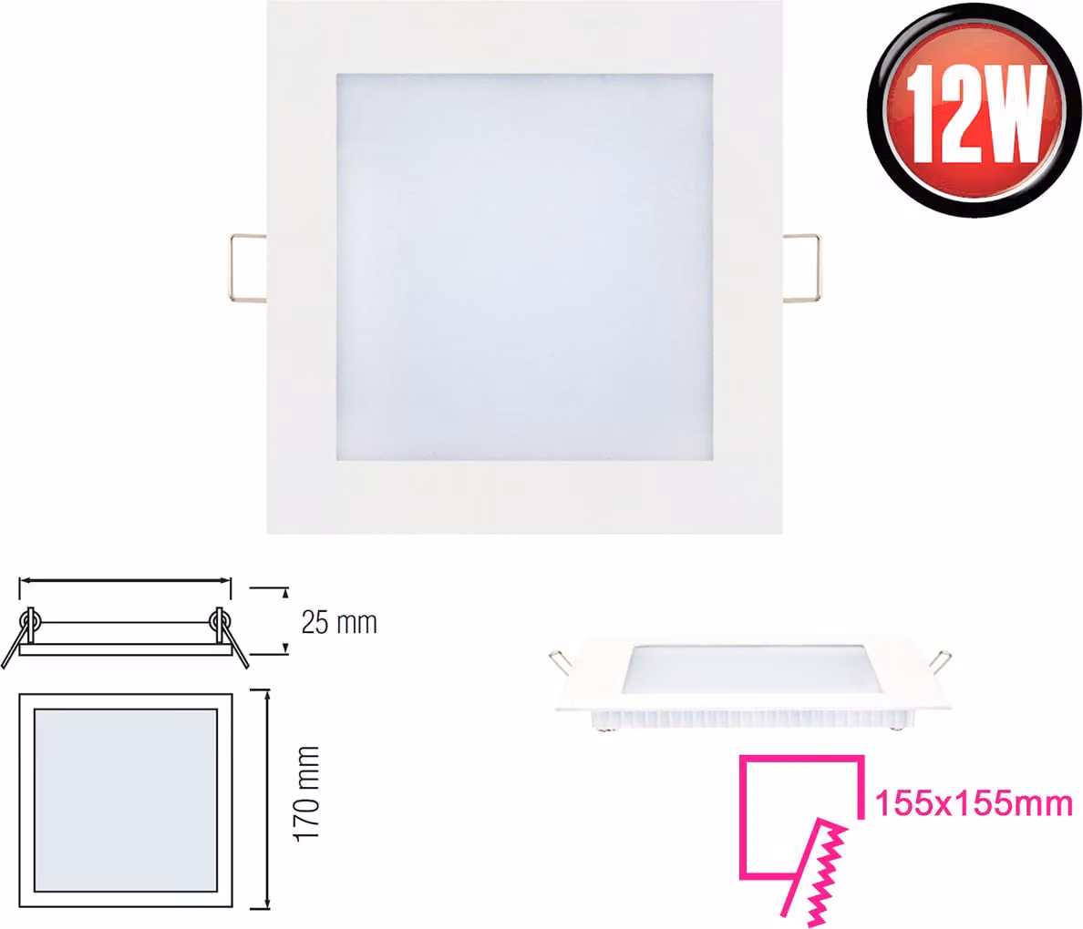 12W LED pannello sottile plafoniera luce da incasso quadrata 17x17 cm bianco neutro