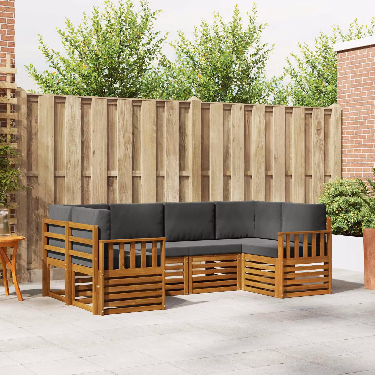 Set di divani da esterno a L vidaXL in legno di acacia con cuscini, 6 pezzi, Beige e Antracite