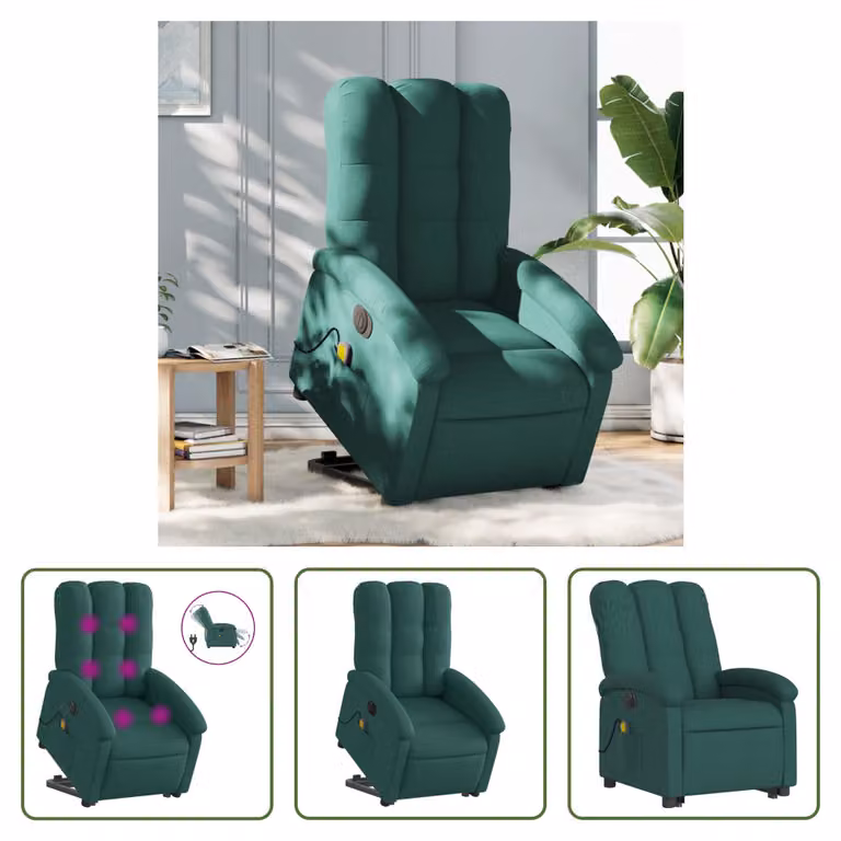 The Living Store Poltrona massaggiante elettrica con ausilio per la posizione eretta Tessuto verde scuro