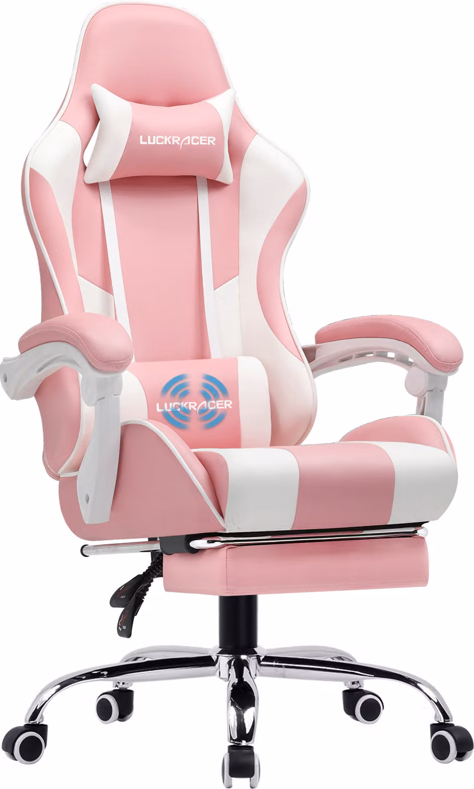 LUCKRACER Sedia da gioco da scrivania, poltrona da gioco ergonomica con funzione massaggio a vibrazione, corrimano, poggiapiedi estensibile Rosa