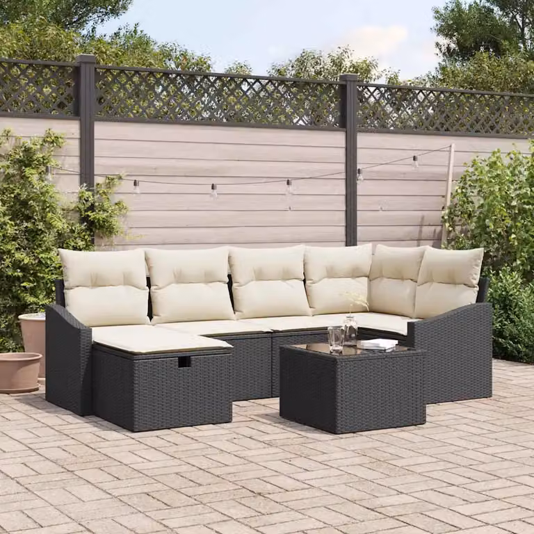 Set di divani da giardino vidaXL in rattan nero con cuscini e tavolino da esterno, composizione a L con 6 pezzi e struttura in acciaio verniciato a polvere