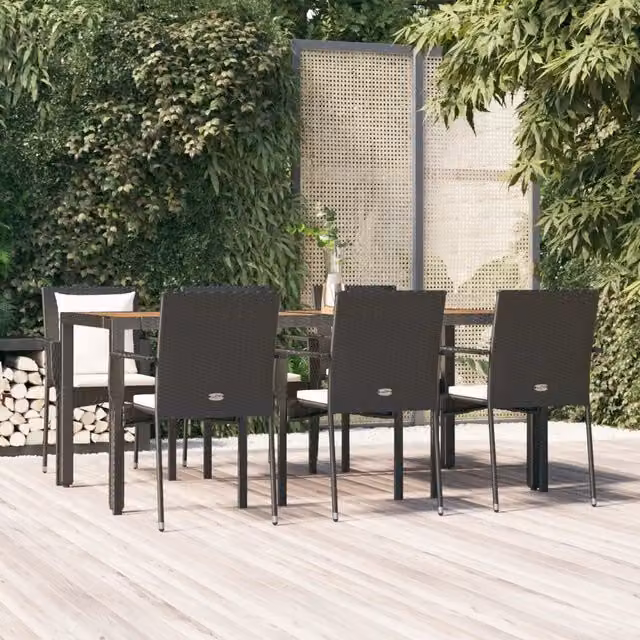 Set da Pranzo da Giardino 7 pz Nero con Cuscini in Polyrattan 3157967