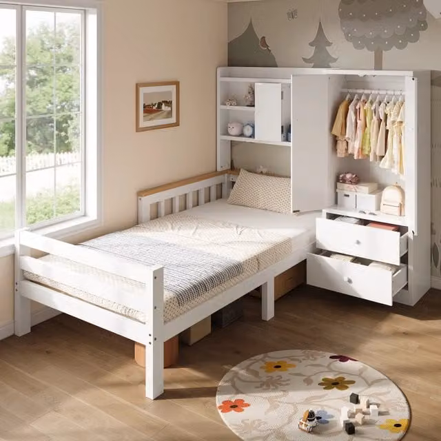 Letto per bambini 90 × 200 cm 1 posto con armadio, cassetti e mensole, senza materasso, bianco