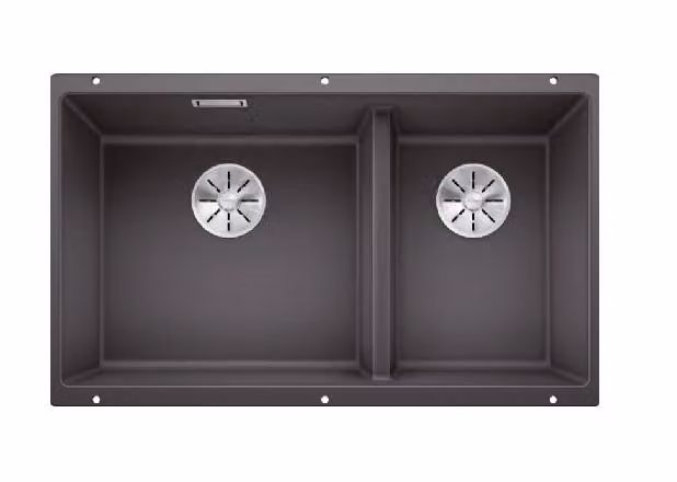 Lavello Blanco SUBLINE 430/270-U, dimensioni 755 x 460 mm, colore grigio pietra (felsgrau), codice 523152. Un lavello, senza grondaia, con il bacino posizionato a destra