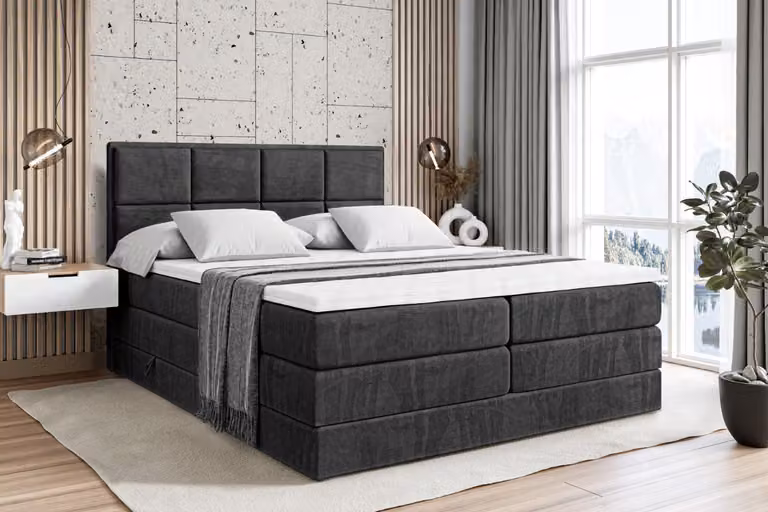 Letto boxspring ALTDECOR con 2 materassi e topper - 160x200 cm - NOVA KING - Velluto nero - Letto imbottito con materassi H3 e H4, contenitore e rete a doghe, letto con spazio contenitivo
