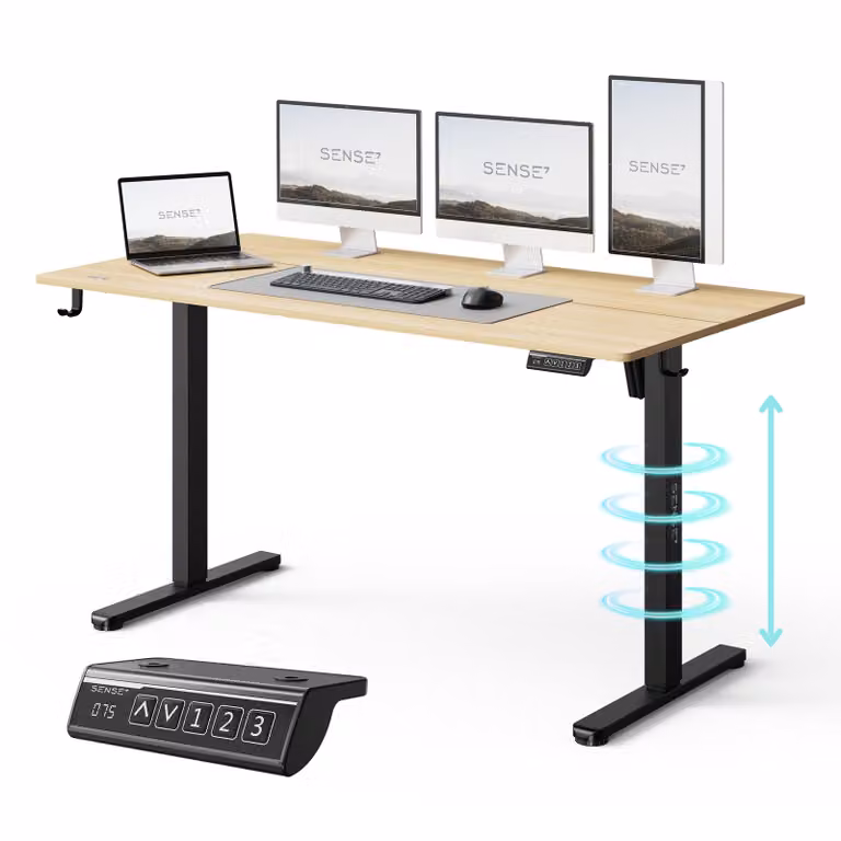 SENSE7 NOJO LIGHT Scrivania regolabile in altezza, elettrica, 140x70 cm, marrone chiaro e nero, scrivania da gaming, scrivania per computer, scrivania alta, scrivania Memory
