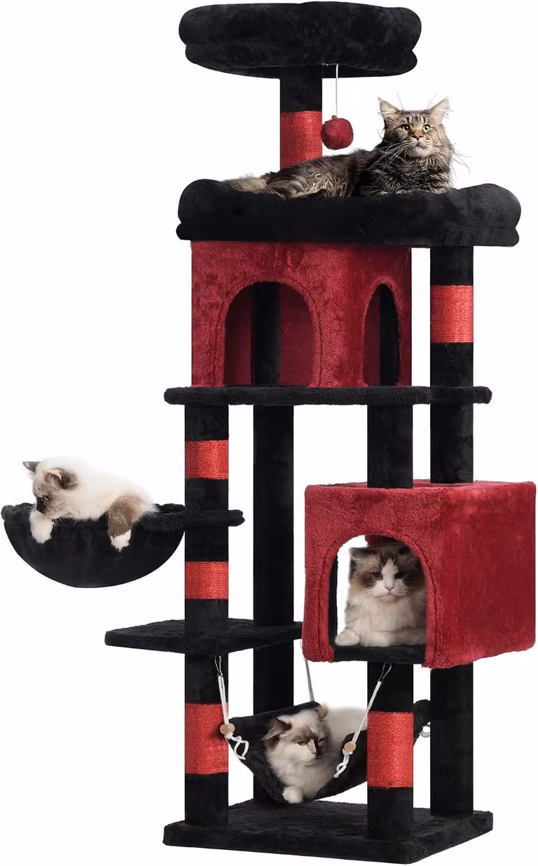 Albero per gatti, grande, con 2 tane, 6 tiragraffi in sisal, amaca, per uso interno, colore nero e rosso
