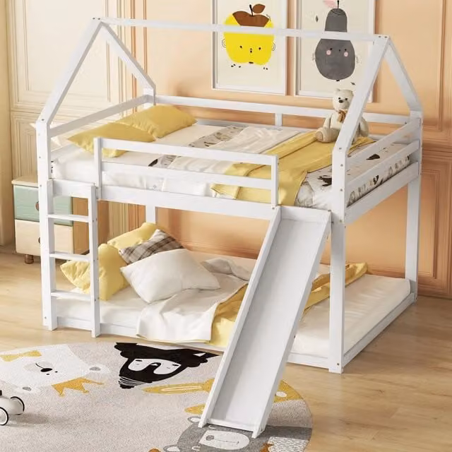 Letto a castello per bambini 140×200 cm 4 posti con scivolo e scala reversibili, senza materasso, bianco