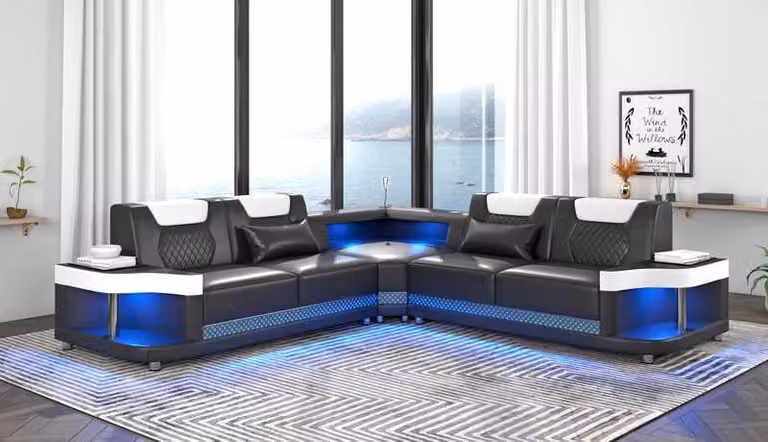 Couch Schwarz Ecksofa Ledersofa L-Form Sofa Moderne Eckgarnitur LED