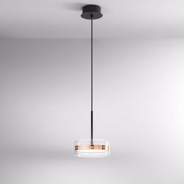 Lampada a sospensione Perenz Aere LED dimmabile con regolazione altezza, finitura nero e oro/ottone, design moderno in metallo e vetro