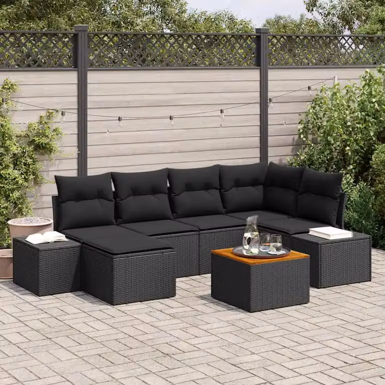 Set Divano da Giardino vidaXL 7 Pezzi in Polyrattan Nero con Cuscini e Tavolino da Esterno