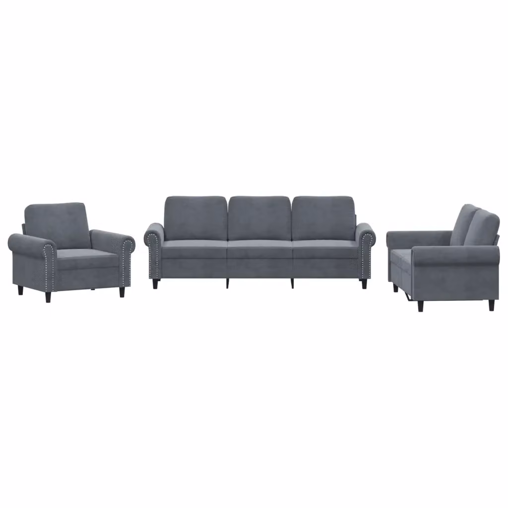 Set di divani 3 pezzi vidaXL in velluto grigio con cuscini e braccioli per soggiorno – 2