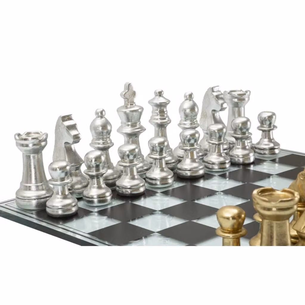 Set scacchiera Vikasa Home in vetro e resina con colori nero, bianco e argento, L: 50.5 cm, P: 50.5 cm, H: 14.0 cm – 2