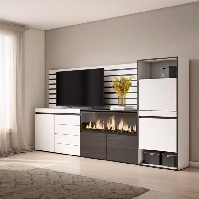 Credenza con Camino Elettrico XXL e Cassettiera SKRAUT HOME, Bianco, L: 274 cm, P: 35 cm, H: 145 cm