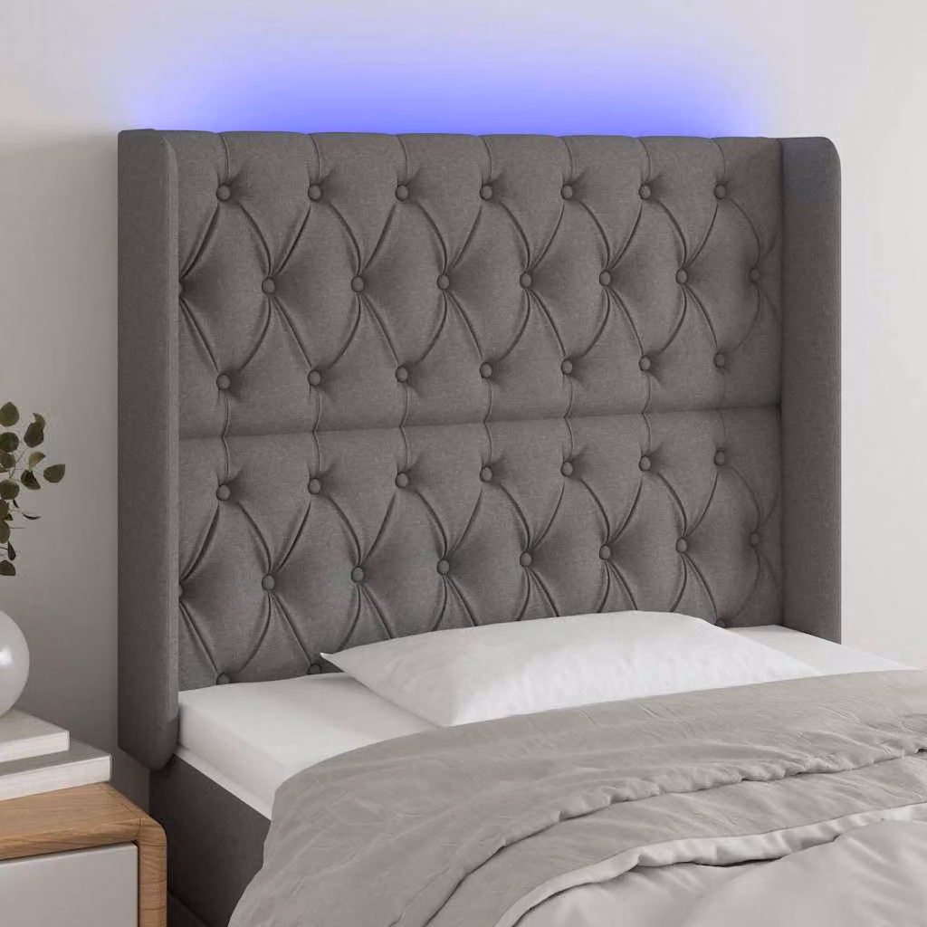 Testiera per letto vidaXL in tessuto grigio con illuminazione LED e porta USB, L 93 cm, P 16 cm, H 118-128 cm