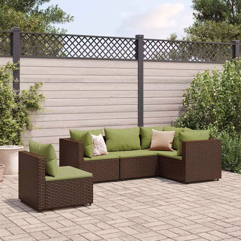 Set di Divani da Giardino vidaXL 5 pz a Forma a L con Cuscini Marrone e Verde in Polyrattan e Metallo – 1