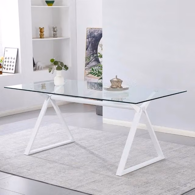 Tavolo da Pranzo Skylar 150×90 cm in Vetro Temperato con Gambe a Cavalletto bianco
