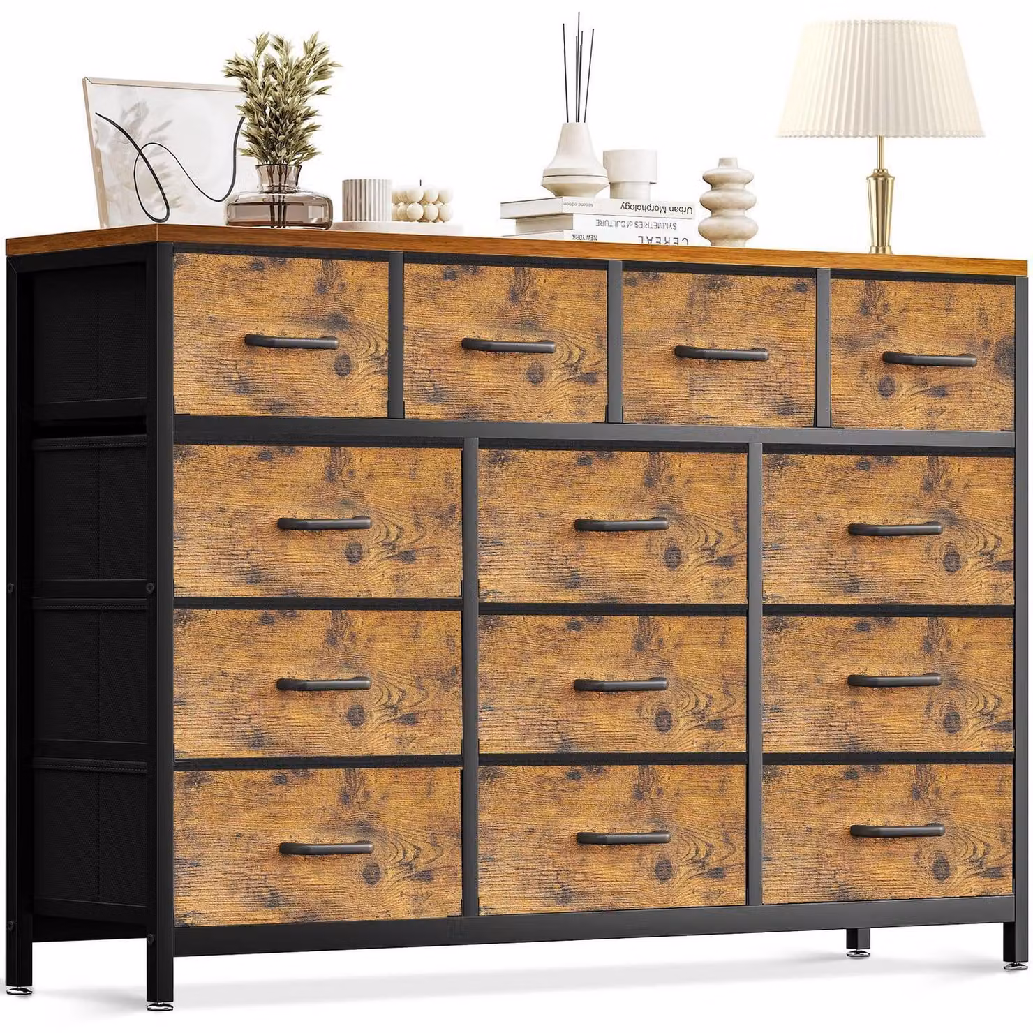 Comodino con 13 cassetti rivestiti in tessuto, struttura in acciaio, piano in legno, dimensioni 140 x 30 x 101 cm