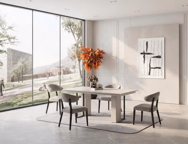 Set per sala da pranzo: tavolo da pranzo, sedia, design moderno, bianco, elegante, lussuoso