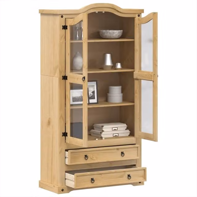 Vetrina vidaXL in legno di pino rustico color marrone con ante in vetro e ripiani interni L: 99 cm, P: 43 cm, H: 187 cm