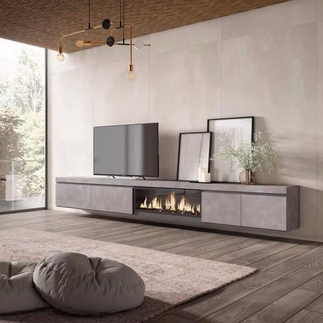 Mobile TV Soggiorno, 368x35x45, Camino elettrico XXL, da appendere, grigio cemento RF3679