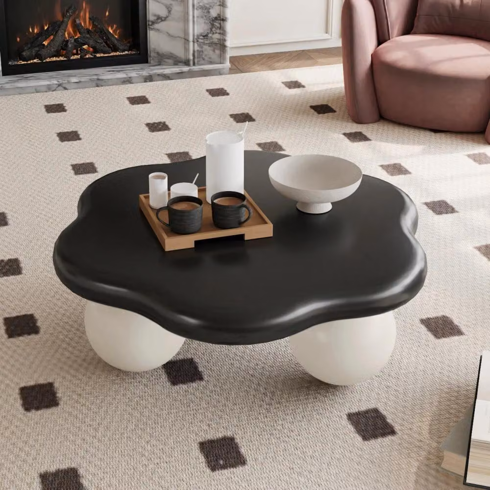Tavolino da caffè a forma di nuvola - Design a forma di petalo - 80 cm - Gambe sferiche - Design moderno e minimalista - Realizzato in MDF e plastica - Piano del tavolo nero, gambe bianche
