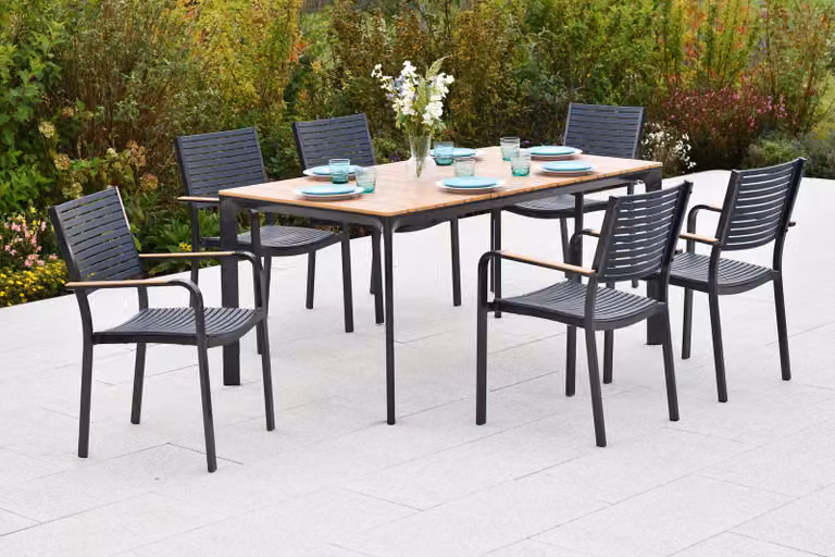 Set di mobili da giardino Merxx Paliano, 7 pezzi, 6 sedie impilabili, tavolo 156 x 90 cm - acciaio/plastica