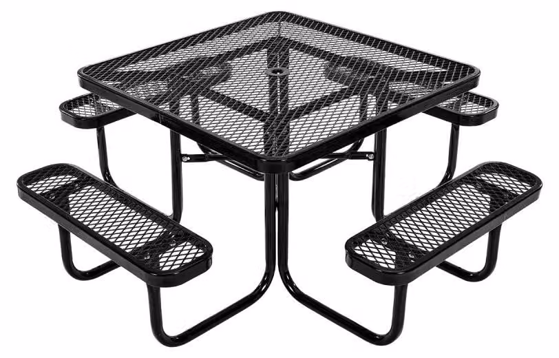 Tavolo da picnic con 4 panche - Acciaio verniciato nero - Resistente agli agenti atmosferici - Set di mobili da giardino