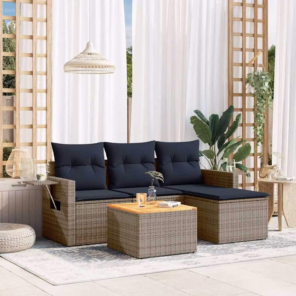 Set di divani da giardino vidaXL in polyrattan grigio con cuscini e tavolino da esterno a forma di L