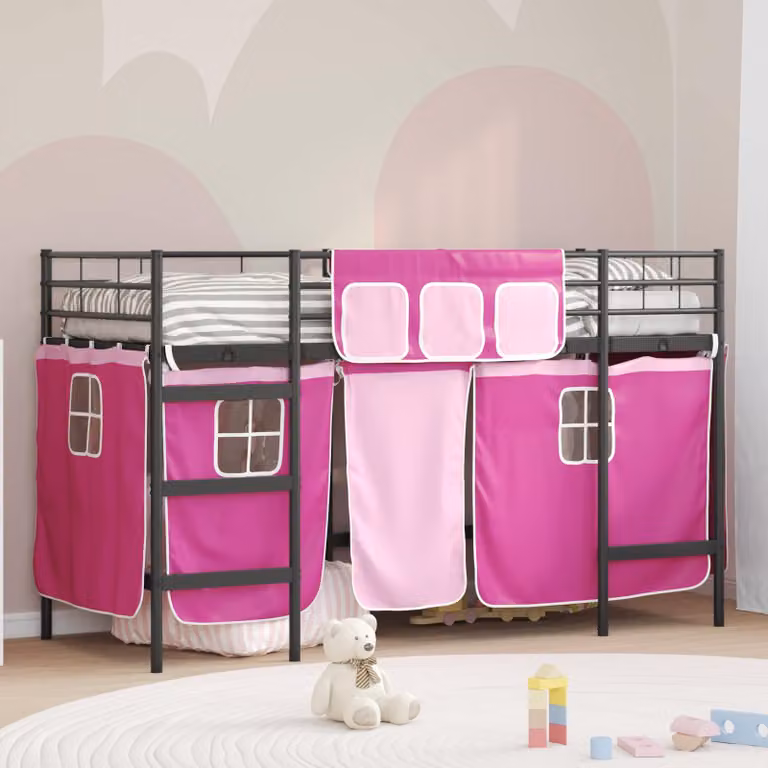 Letto a castello per bambini vidaXL con tende in metallo, Nero e rosa, L: 80 cm, P: 194 cm, H: 116 cm