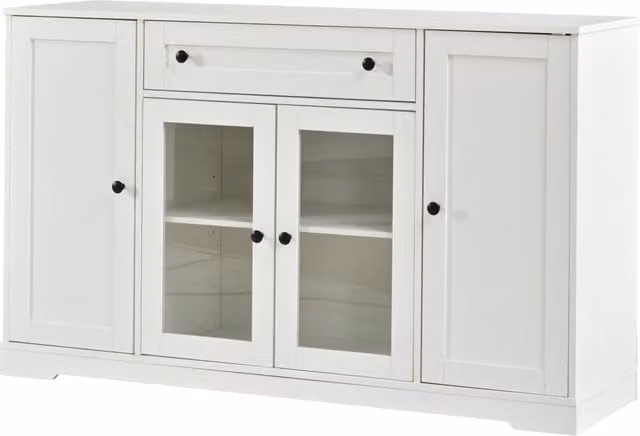 Sideboard bianco moderno con 4 ante, 2 ante in vetro, 1 cassetto, 138x40x83 cm, mobile multifunzione per soggiorno e ingresso