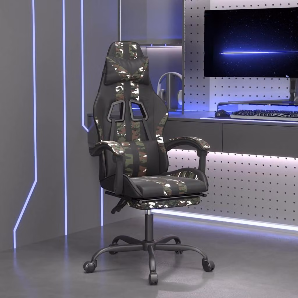 Sedia da Gaming Girevole vidaXL con Poggiapiedi e Riposogalatelli, Colore Nero e Multicolore Verde, in Similpelle
