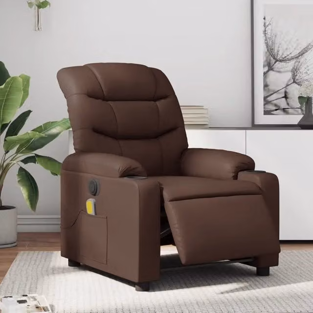 vidaXL Poltrona Massaggiante Elettrica Marrone in Similpelle con Braccioli e Struttura in Legno e Metallo – 1