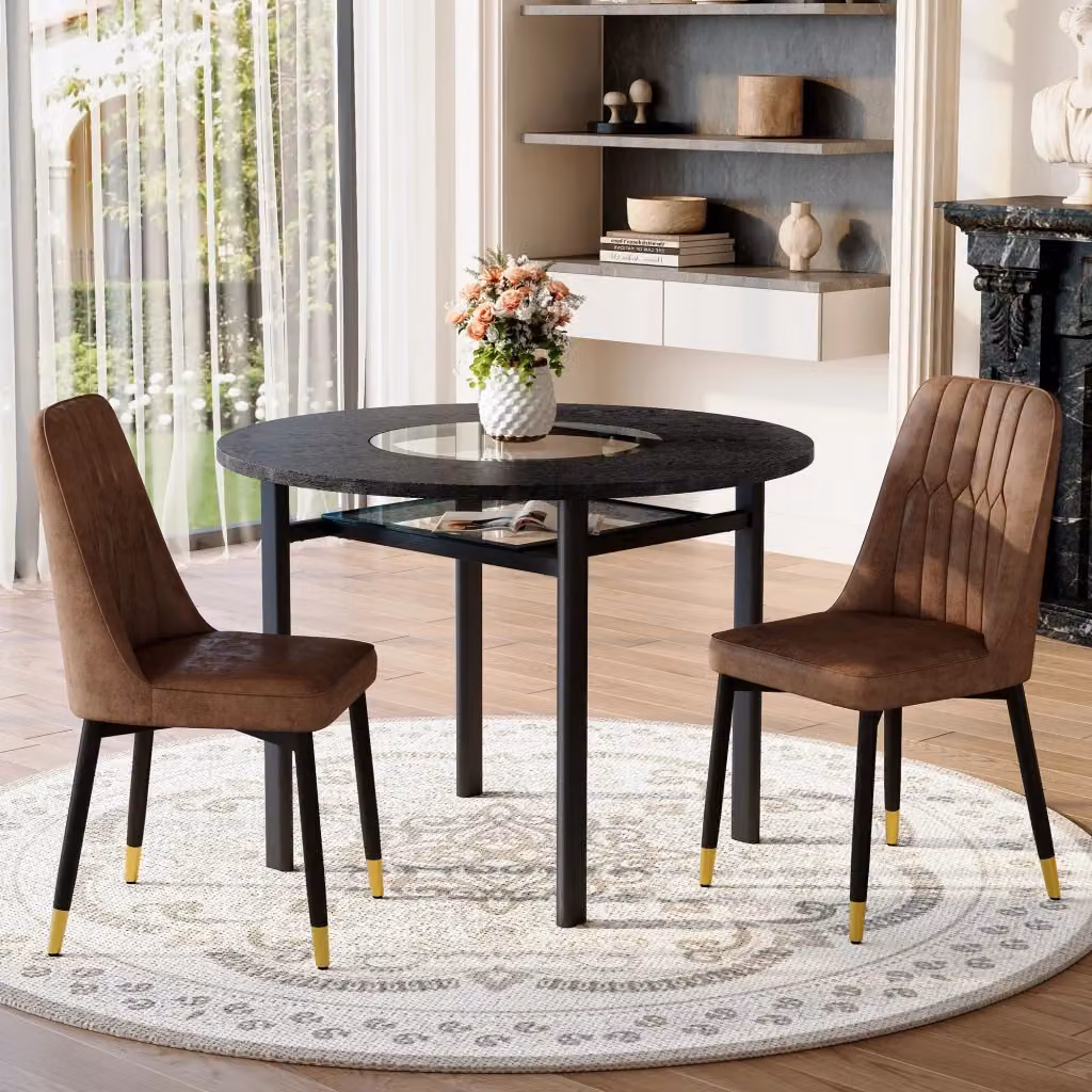 Set tavolo rotondo Mivray con 2 sedie in MDF, vetro e metallo, marrone e nero per sala da pranzo e soggiorno – 2