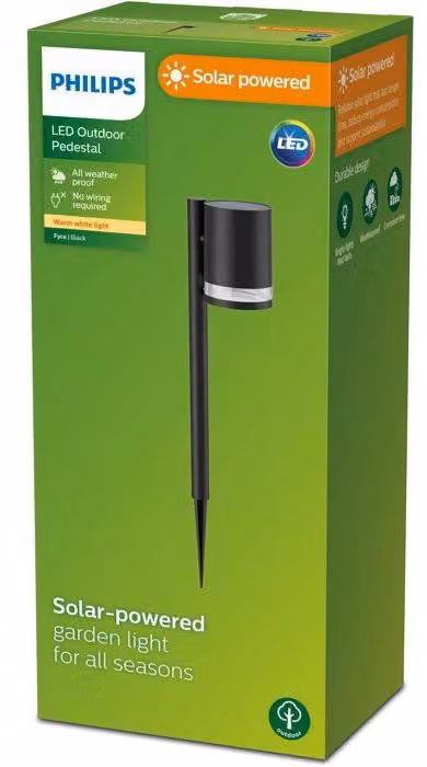 Lampada solare da esterno, Philips Fyce, palo nero, lampada da giardino da inserire nel terreno