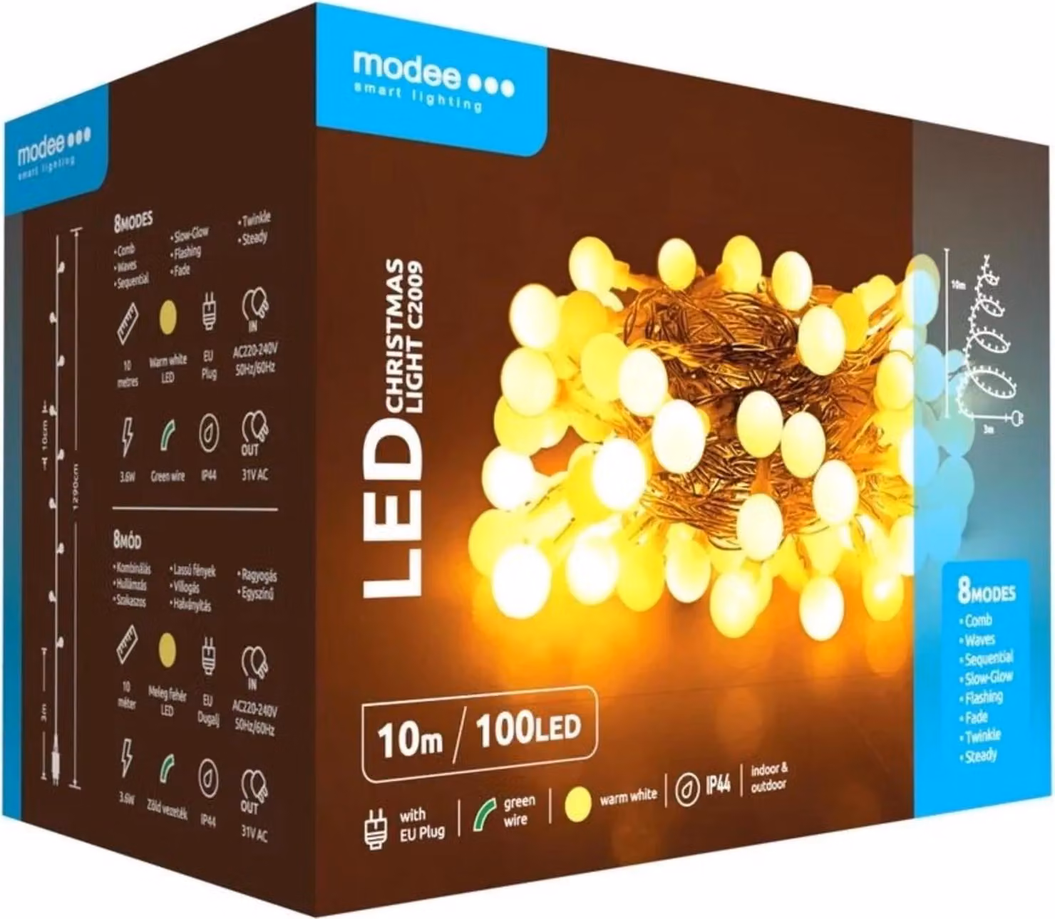 Ghirlanda di luci di 10 metri con 100 LED bianco caldo - 8 regolazioni - IP44