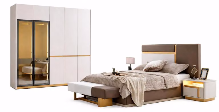 Set da camera da letto in stile moderno, rivestimento in tessuto beige, grande armadio