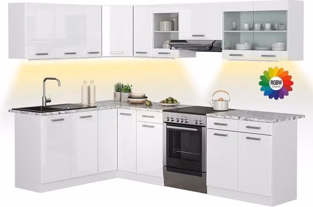 Cucina ad angolo moderna Vicco R-Line Bianco lucido con piano effetto marmo e illuminazione LED integrata L 267 cm x P 167 cm – 1
