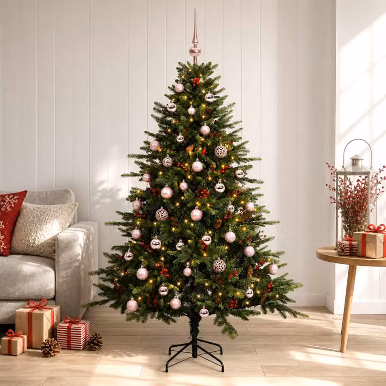 Albero di Natale artificiale verde vidaXL con 150 LED luce bianca calda e decorazioni con palline, Altezza: 120 cm
