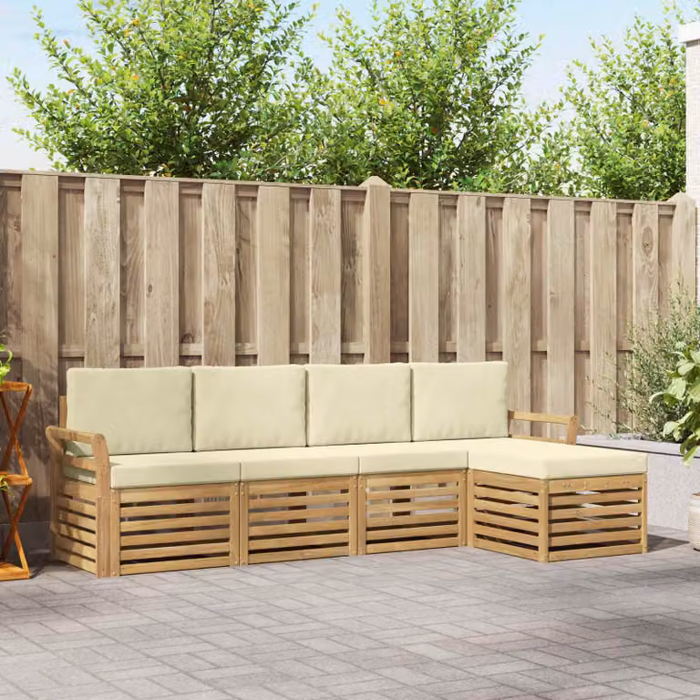 Set di divani da esterno vidaXL a forma di L con pouf, in legno di acacia e tessuto bianco e beige