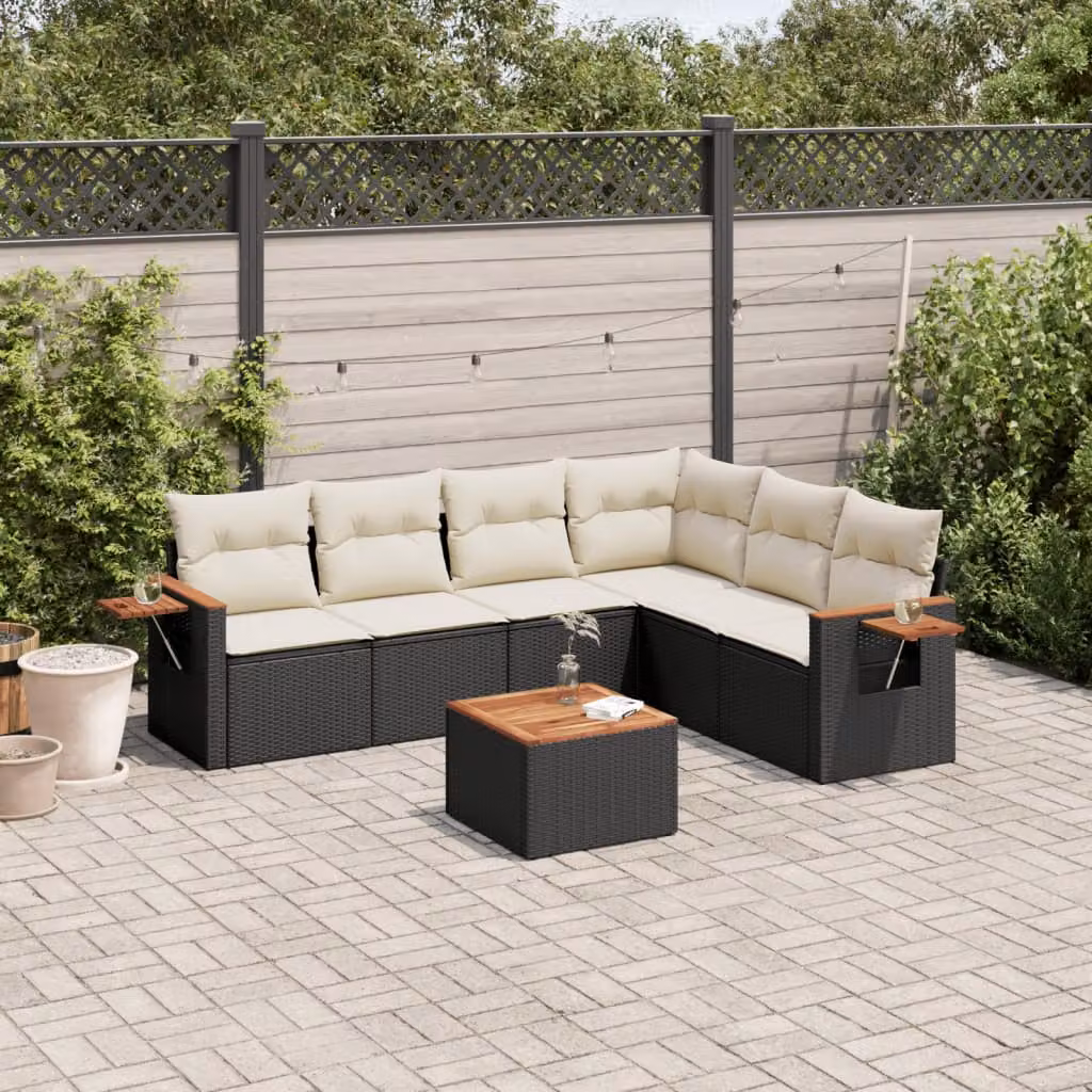 vidaXL Set Divano da Giardino a L con Cuscini 7pz in Polyrattan Nero e Bianco – 1