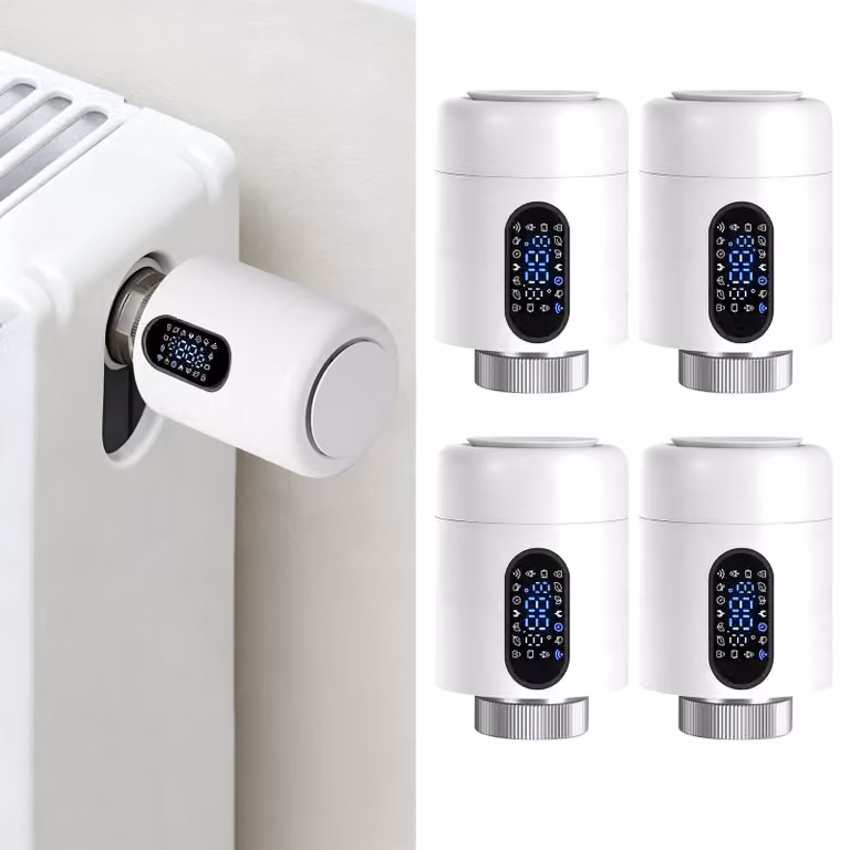 Set di 4 termostati per radiatori Ikodm, termostati intelligenti Wi-Fi bianchi, controllo tramite app senza necessità di gateway, 7 adattatori per termostato
